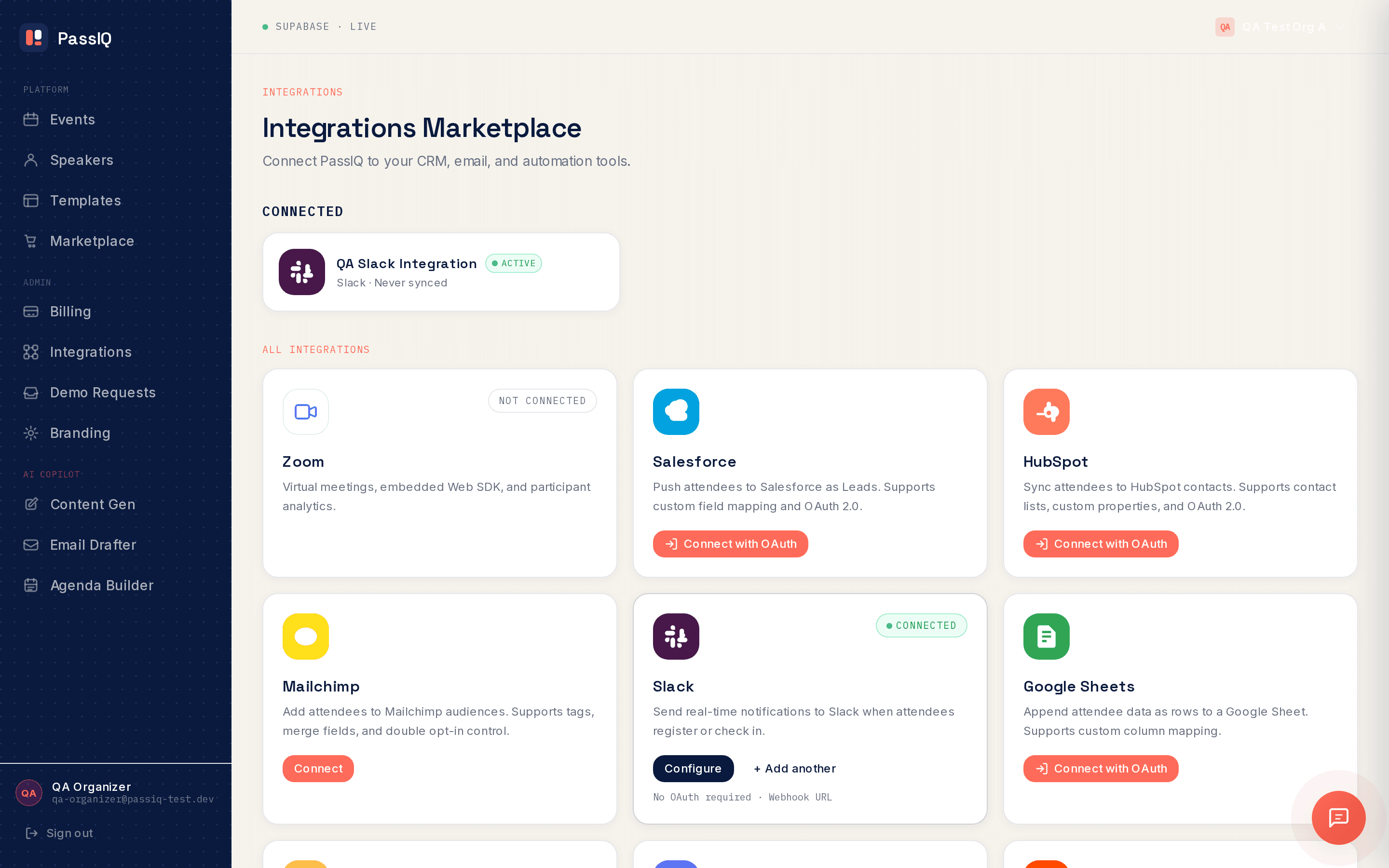Integrations marketplace with Salesforce, HubSpot, Slack